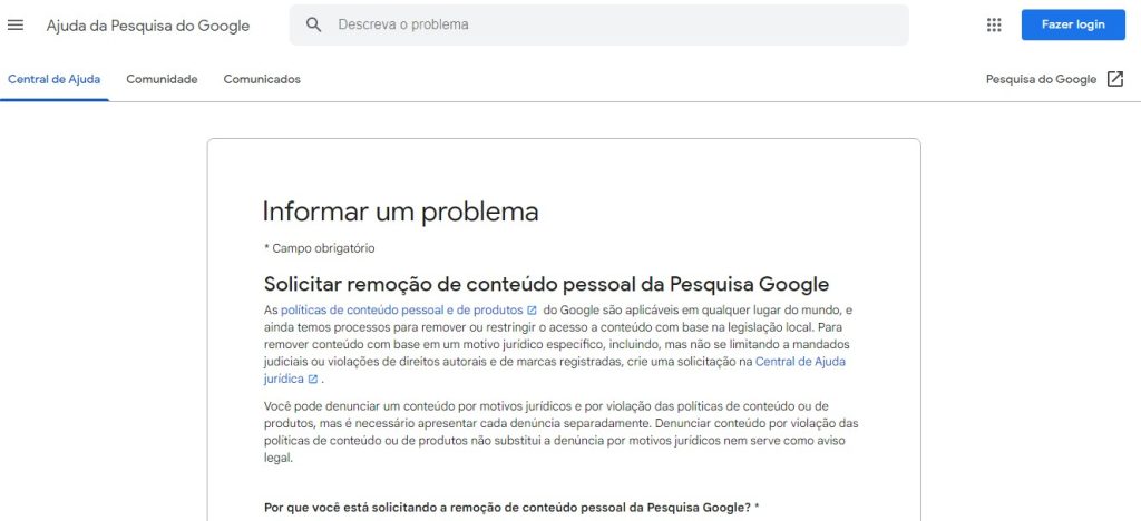 Formulário para Remover nome do Google